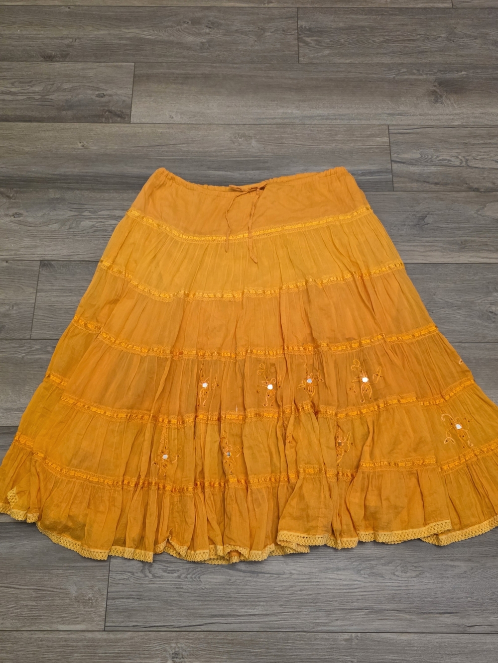 Vtg Orange Tiered Cotton Boho Maxi Skirt Embroidered Gypsy Peasant Style Size M